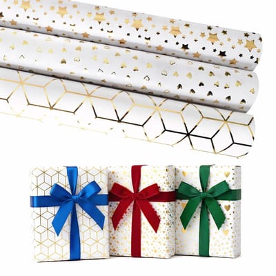 Dailygoods - 3 rollen cadeaupapier, cadeaupapierset met sticker en cadeaukaart, 43 cm x 3 m, luxe goudfolie cadeaupapier, rol, recyclebare geschenkvellen voor verjaardagen, kerstvakantie