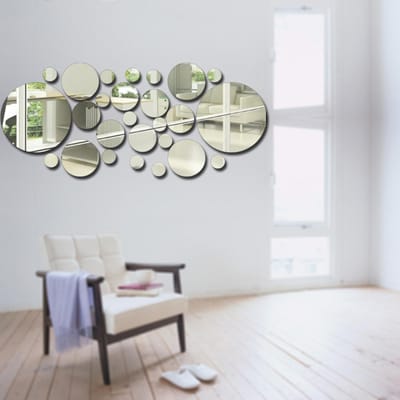 Ensemble de 26 pièces Autocollants Miroir Muraux Acryliques à Pois Décor Chambre Cuisine Salle de Bain Autocollant Décoration Maison Fête argenté