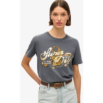 Superdry Tattoo T-shirt met Tekst en Losse Pasvorm Donkergrijs Grootte: 38