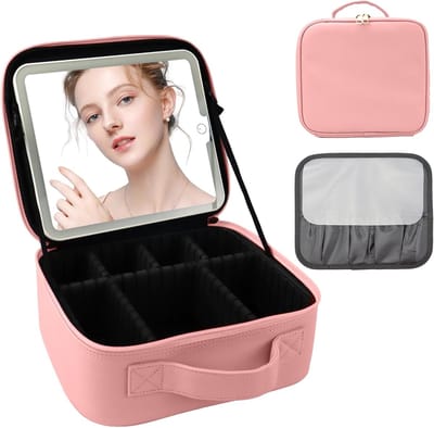 Reis Make-up Tas met LED Spiegel - Draagbare Opbergtas voor Make-up Penselen en Toiletartikelen - Opstelbare Vakken en Grote Capaciteit - Met Ingebouwde Verlichting en Spiegel - Roze Draagbaar Ontwerp