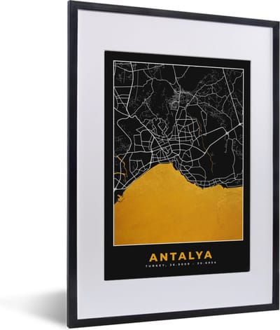 Fotolijst incl. Poster - Antalya - Stadskaart - Plattegrond - Goud - Kaart - 30x40 cm - Posterlijst