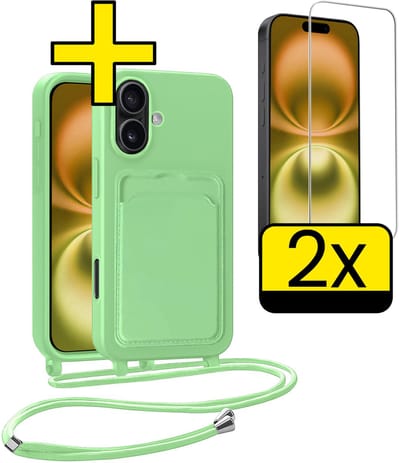 Hoesje Geschikt voor iPhone 16 Plus Telefoonhoesje Met Koord Case Pashouder Met 2x Screenprotector Siliconen - Hoes Geschikt voor iPhone 16 Plus Hoesje Met Kaarthouder - Groen
