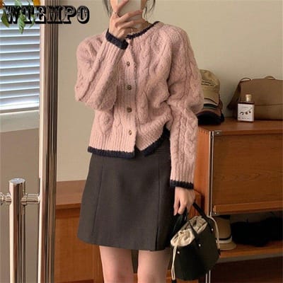 Manteau Pull Femme Couleur Assortie Printemps et Automne Cardigan Tricoté Torsadé Col Rond One Size rose