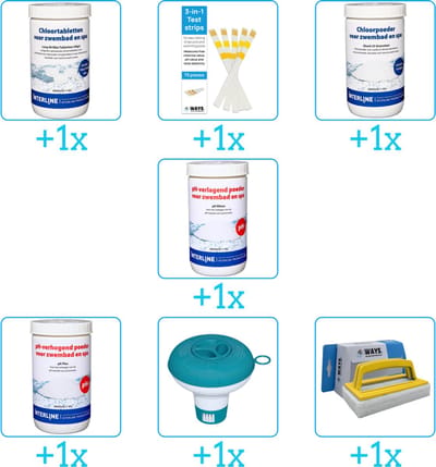 Zwembad Onderhoudspakket - Onderhoud Zwembad - bevat Chloor - Testrips - Chloor - PH-min - PH-plus - Chloordrijver en Scrubborstel (7-delig)