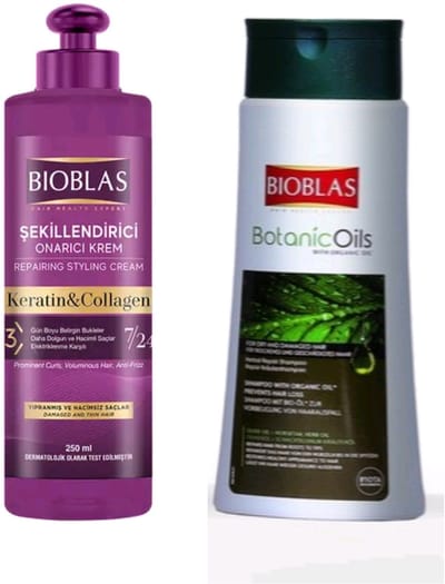 Bioblas Keratine & Collageen Haarstyling Crème 250 ml + Bioblas Botanic Oils Shampoo voor fijne zwakke en beschadig / droogd haar 360ml - Bio shampoo - Herbal shampoo - Anti-Haaruival - haarverzorging