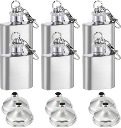Dailygoods- Heupfles 6 Stuks - Roestvrij Staal - Draagbaar - Sleutelhanger - Mini Fles - Inclusief Trechter - Eenvoudig te Reinigen - Zakfles