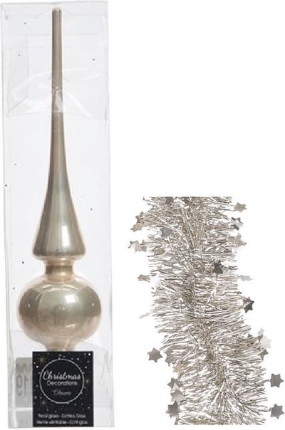Kerstversiering glazen piek glans 26 cm en sterren folieslingers pakket licht parel/champagne van 3x stuks - Kerstboomversiering