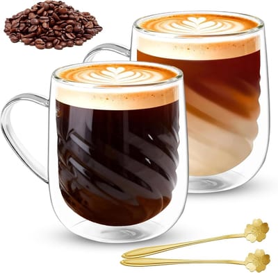 Dubbelwandige Koffieglazen 350 ml, Set van 2 Latte Macchiato Glazen met Handvat en Lepels, Borosilicaat Glazen voor Heerlijke Warme en Koude Dranken, Ideaal voor Koffie, Thee en Melk