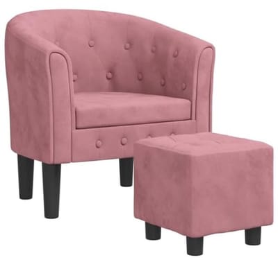 Moderne fauteuil met poef in zacht roze velvet