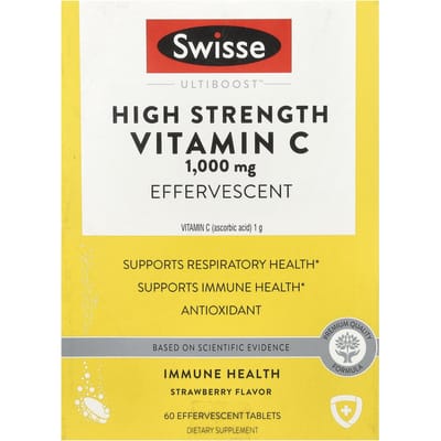 Swisse, Ultiboost™, vitamine C hautement concentrée, saveur fraise, 1 000 mg, 3 tubes de 20 comprimés effervescents chacun