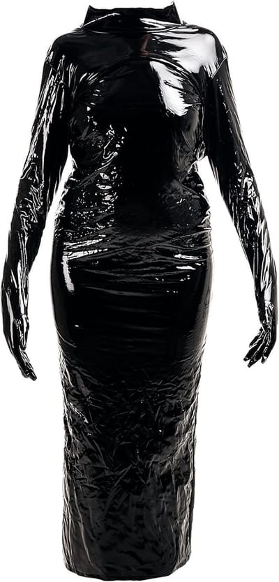 Sexy Lange Wetlook Jurk met Lange Mouwen en Handschoenen voor Dames - Strakke Glanzende Party Dress