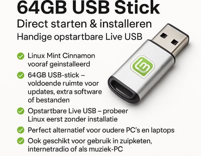 Linux Mint Cinnamon 22.3 | 64GB USB Stick | Direct starten & installeren | Handige opstartbare Live USB