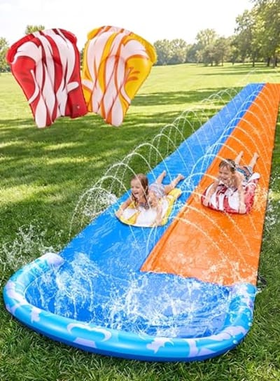 Opblaasbare waterglijbaan 685 cm met 2 bodyboards en sproeier - Blauw/Oranje
