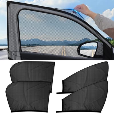 SnelShoppen - Car Mosquito Net Voor Auto Raam, Universele UV Bescherming, Ventilerend Insectennet, 4 Stuks, Zwart, Ideaal Voor Kinderen & Privacy
