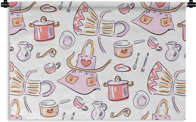 Wandkleed - Wanddoek - Patronen - Keuken - Schort - Koken - Pastel - 90x60 cm - Wandtapijt