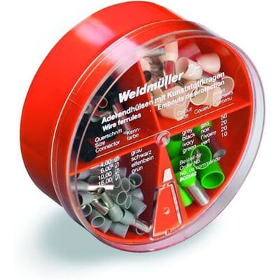 Weidmüller 9025400000 Assortiment adereindhulzen 4 mm², 6 mm², 10 mm², 16 mm² Deels geïsoleerd Grijs, Geel, Rood, Blauw 100 stuk(s) Box