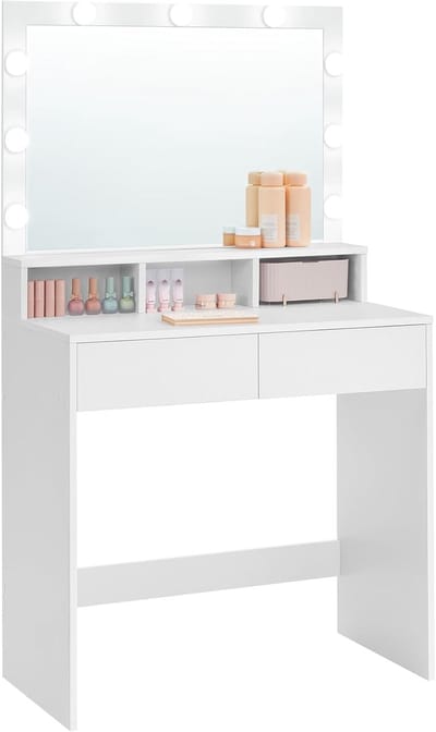 Moderne kaptafel met spiegel en LED lampen, instelbare lichtsterkte, 2 lades en 3 open vakken in wit