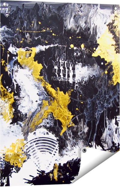 Gards Tuinposter Abstracte Kunst met Zwart, Wit en Goud - 60x80 cm - Tuindoek - Tuindecoratie - Wanddecoratie buiten - Tuinschilderij