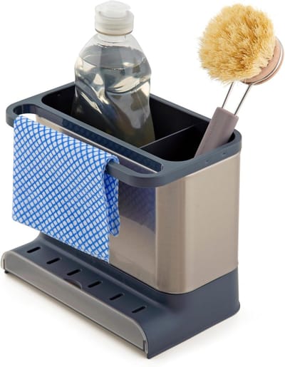 Famanu – Opbergbakje/rekje voor in de gootsteen – Gootsteenorganizer – Verwijderbaar lekbakje – Antislip - Grijs en roestvrij staal