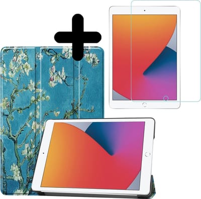 Hoesje - Geschikt voor Apple iPad 8 (2020) - 10.2 inch - 8e Generatie - Met Screenprotector - Hardcover Book Case - Trifold Bookcase Hoes - Hard Cover - Tablethoes - Bloesem