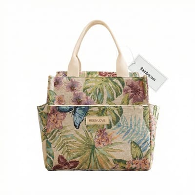 Rainbecom - Koeltassen Lunchtas 8,5L Geïsoleerd – Lunch tas Dames & Heren – 26,5x13x25cm Lunchbag voor Werk & School - Koelta Waterafstotend Polyeste - Grote Opening met Rits - Beige Tropische Print