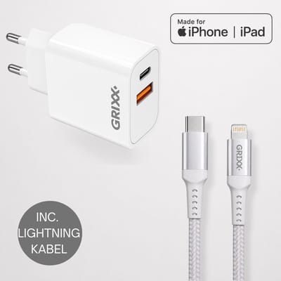 Grixx Oplader Bundel - Geschikt voor Apple - 20W snelladen + Lightning naar USB-C Kabel 2 meter - iPhone oplader - voor iPhone & iPad