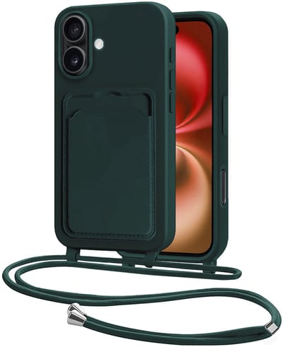 Hoes Geschikt voor iPhone 16 Plus Hoesje Pasjeshouder Cover Met Koord Case Siliconen Hoes Met Telefoonkoord en Kaarthouder - Donkergroen