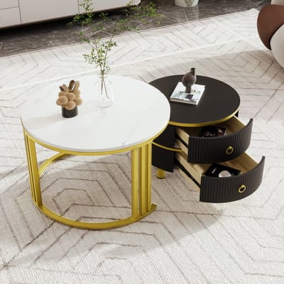 DESMIU Salontafelset - Ronde Hoogglans Tafel Met Marmerlook En Lades - Voor Woonkamer, Balkon En Werkkamer - MDF - Zwart - 70 x 70 x 46 Cm En 50 x 50 x 40 Cm