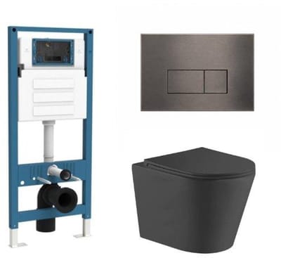 QeramiQ Dely Toiletset - inbouwreservoir Qeramiq Flush - slim zitting - metaal gunmetal bedieningsplaat - rechthoekige knoppen - mat zwart