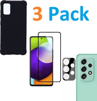 Anti-Schok Siliconen Hoesje Back Cover zwart + Display Full Tempered Glass Screen Protector  + Camera lens Beschermer zwart Geschikt voor: Samsung Galaxy A53 5G