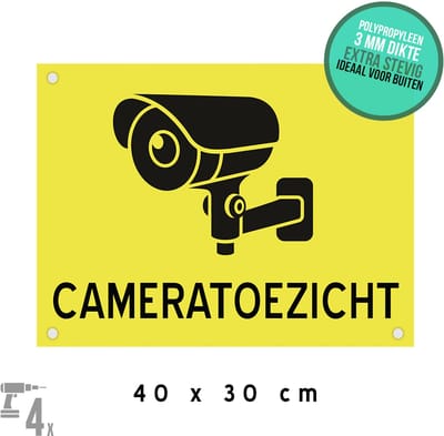 Pictogram/ bord + boorgaten | "Cameratoezicht" | 40 x 30 cm | Uithangbord | Geel | CCTV | Werf | Bewaking | Bouwplaats | Inbraak vermijden | 1 stuk