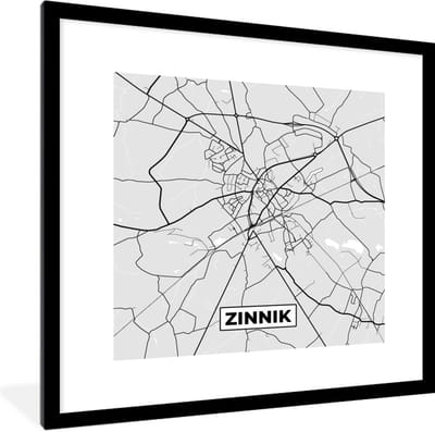 Fotolijst incl. Poster Zwart Wit- Plattegrond – Zinnik – Zwart Wit – Stadskaart - Kaart - 40x40 cm - Posterlijst