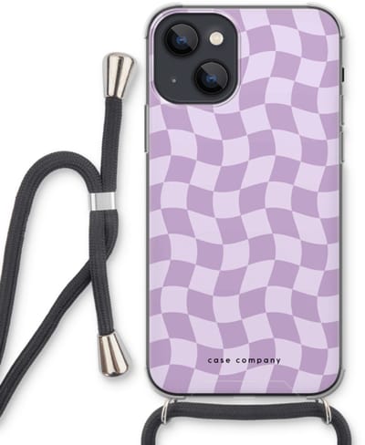 Case Company® - Hoesje met koord geschikt voor iPhone 13 mini hoesje met Koord - Grid Paars - Telefoonhoesje met Zwart Koord - Bescherming aan alle Kanten en Over de Schermrand