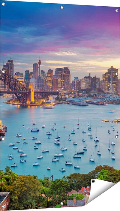 Gards Tuinposter Sydney Harbour Bridge in de Avond - 80x120 cm - Tuindoek - Tuindecoratie - Wanddecoratie buiten - Tuinschilderij