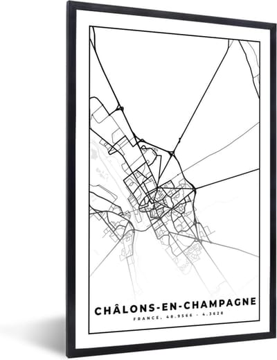 Fotolijst incl. Poster Zwart Wit- Stadskaart – Châlons-en-Champagne - Plattegrond – Kaart – Frankrijk - Zwart wit - 40x60 cm - Posterlijst