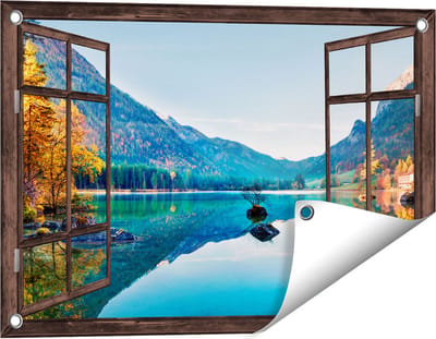 Gards Tuinposter Doorkijk Meer met Herfstbomen - 60x40 cm - Tuindoek - Tuindecoratie - Wanddecoratie buiten - Tuinschilderij