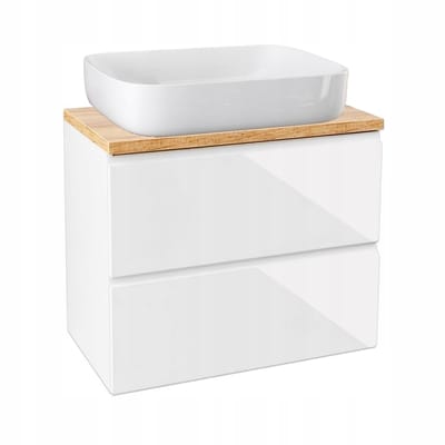 STAMAR - Wandkast met Eiken Blad 60 Glans + Opbouw Wastafel - wandkast - wastafel - Wit