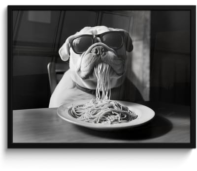 Poster in lijst - Fotolijst 70x50 cm - Posters - Hond - Bulldog - Pasta - Bril - Stoer - Dieren - Posterlijst zwart - Decoratie - Wanddecoratie woonkamer - Muurdecoratie slaapkamer