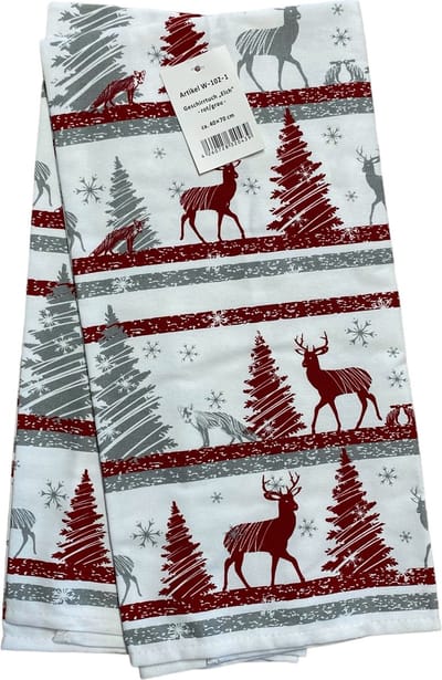 Theedoeken - Kerst - Set van 2 - Rood - Grijs - Wit - Herten - Dennenbomen - 40 x 70 cm