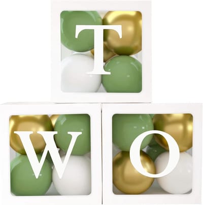 2e verjaardagsfeestje decoratiedozen voor jongens, 3 stuks ballondozen met 30 groen goud witte ballonnen en EEN letters, 2 jaar oude verjaardagsfeestje decoraties