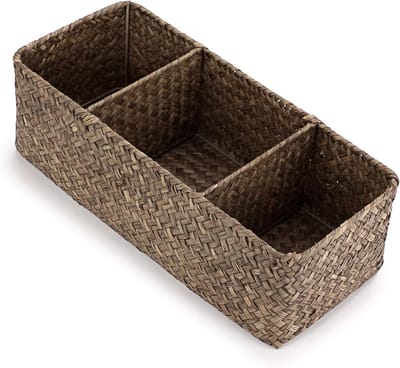 Famanu – Opbergmand van zeegras met 3 vakken - rechthoekige organizer voor planken en bureaus - decoratieve mand voor diversen - schrijfwaren - - cosmetica - koffie