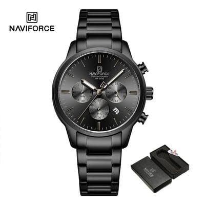 NAVIFORCE horloge voor mannen, met zwarte metalen polsband, zwarte uurwerkkast en zwarte wijzerplaat ( model 8076 BBB ), verpakt in mooie geschenkdoos