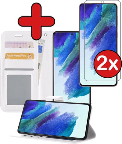Hoesje - Met 2x Screenprotector - Geschikt voor Samsung Galaxy S21 FE - Luxe Pasjeshouder - Flip Case - Bookcase Portemonee - Kunstleer Book Case - Flipcase Hoes - Book Cover - Walletcase - Portemonneehoes - Telefoonhoes - Wit