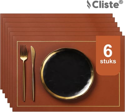 Cliste Hoogwaardige Dubbelzijdige Lederlook Placemats - 45x30 cm - Set van 6 - Bruin en Grijs - Antislip Placemat van Kunstleer - Placemats