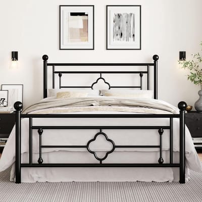 Queensize Metalen Platformbedframe 35 cm - Vintage IJzeren Stalen Bedombouw met Hoofdeinde & Voetenplank - Zwart