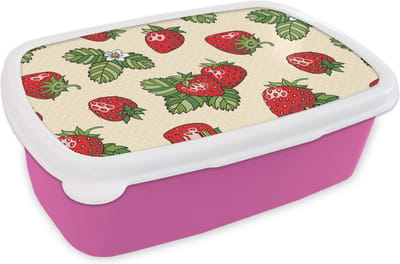 Broodtrommel Roze - Lunchbox - Brooddoos - Aardbeien - Fruit - Patronen - 18x12x6 cm - Kinderen - Meisje