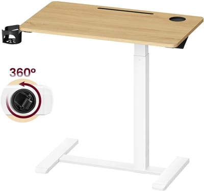 Verrijdbaar bijzettafeltje – Met wielen en 2 bekerhouders – Goudkleurige eikenhouttint – Hoogte verstelbaar – 80 x 45 cm