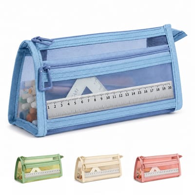 Ruitgaas Pennenzak met Handgreep & Rits - Doorzichtig Dubbellaags - Reismake-uptas - voor Kantoor, Volwassenen, Universiteit - Lichtblauw -22*10*6cm- 1 Stuk