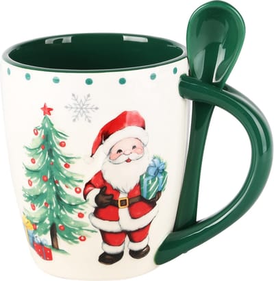 Dekoratief | Mok m/lepel m/santa, dolomiet, wit/groen, 14x9x10cm | A245037