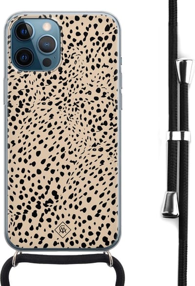 Casimoda® hoesje met koord - Geschikt voor iPhone 12 Pro Max - Stippen bruin abstract - Afneembaar koord - Siliconen/TPU - Bruin/beige